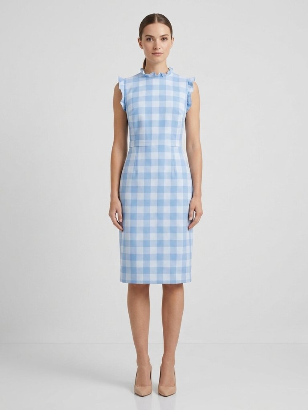 J.Crew NWT Ruffle Trim Sheath Dress Gingham Crepe Size 4 Knee Length Blue Office